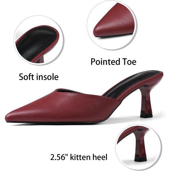 Burgundy Closed Pointed Toe Stiletto Slingback Heels Black Mules for Women - Picture 3 of 7